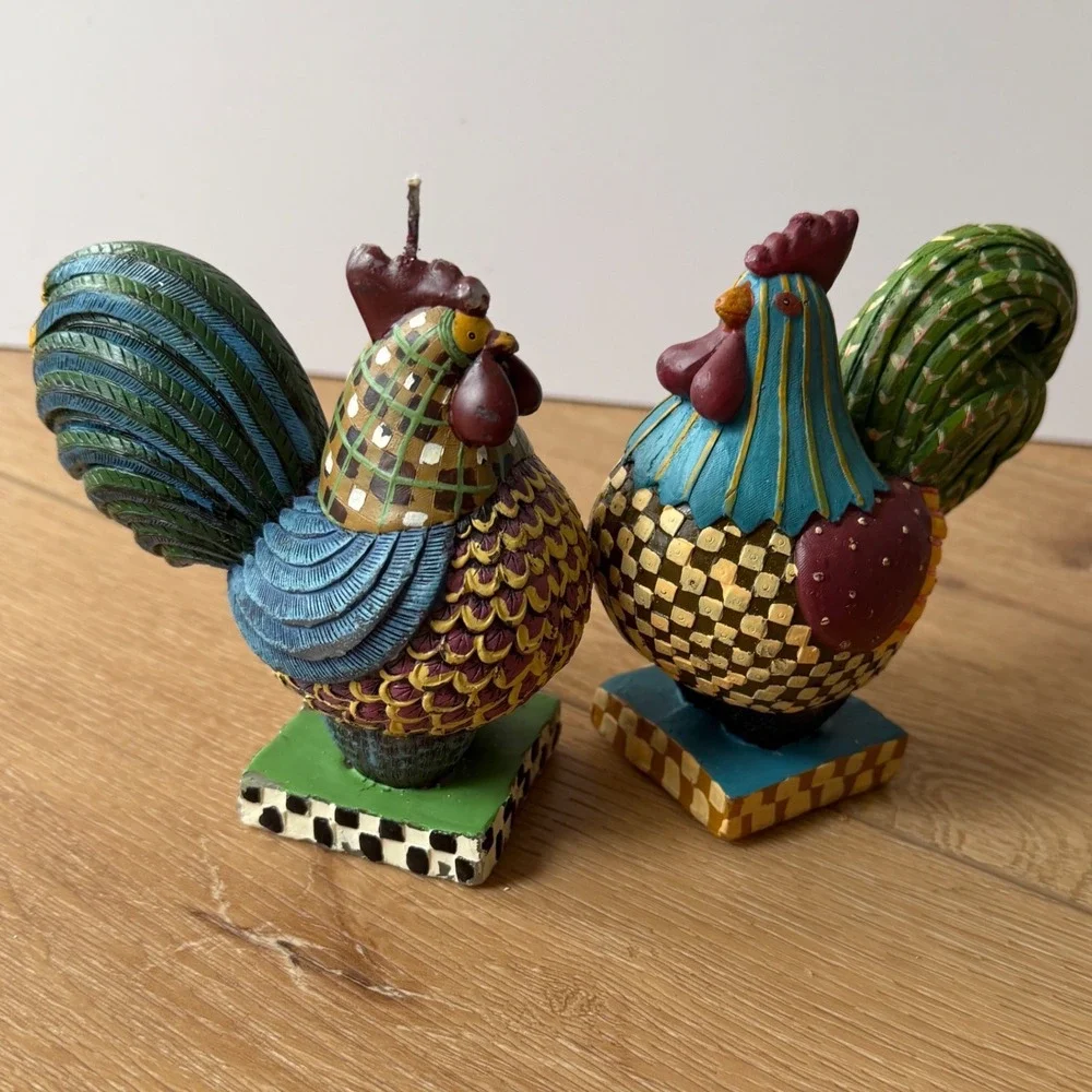 Vintage Rooster Chicken Figurine Candle Set Farmhouse Folk Art Decor 2 Piece NEW